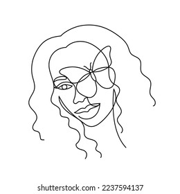Face of an Afro American woman in a modern abstract minimalist one line style with a butterfly. Continuous black line of an African girl simple drawing. Isolated on white. Vector illustration.