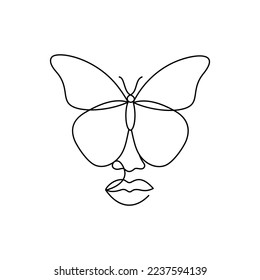 Face of an Afro American woman in a modern abstract minimalist one line style with a butterfly. Continuous black line of an African girl simple drawing. Isolated on white. Vector illustration.