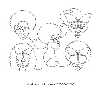 Face of an Afro American woman in a modern abstract minimalist one line style with a butterfly. Continuous black line of an African girl simple drawing. Isolated on white. Vector illustration.