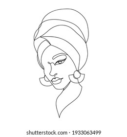 Face of an Afro American woman with a turban in a modern abstract minimalist one line style. Continuous black line simple drawing. Isolated on white. Vector fashion illustration.