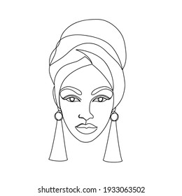 Face of an Afro American woman with a turban in a modern abstract minimalist one line style. Continuous black line simple drawing. Isolated on white. Vector fashion illustration.