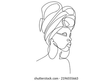 Face of an Afro American woman with a turban in a modern abstract minimalist one line style. Continuous black line simple drawing.