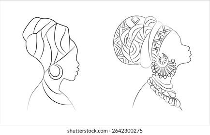 Rosto de uma mulher afro-americana com um turbante em um estilo moderno e abstrato minimalista de uma linha. Desenho simples de linha preta contínua. Isolado no branco. Ilustração da moda do vetor.