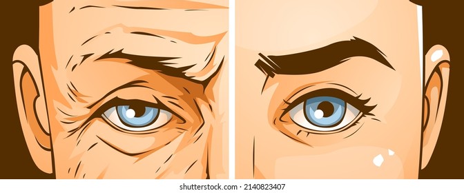 The face with age problems. Age skin. The wrinkles near the eyes. Before, after. healthcare illustration. Vector illustration.