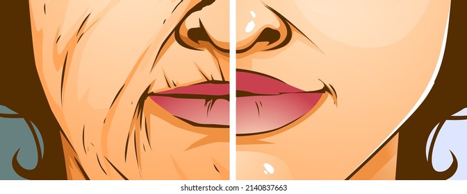 The face with age problems. Age skin. The wrinkles near the mouth. Before, after. Healthcare illustration. Vector illustration.