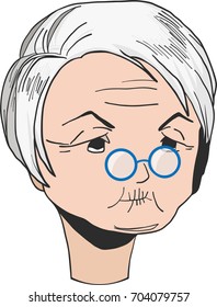 Face of Aged Lady with Glasses isolated on white. Grandmother with grey hair and glasses.