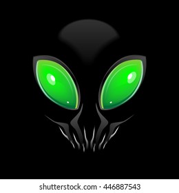 Face alien with glowing eyes and a sinister smile, grin, photorealistic vector illustration in 3d style, isolated on a black background