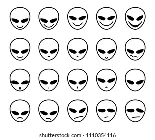 The face of an alien. Meme, icon. Single-color, vector images. Black outline on white background. 