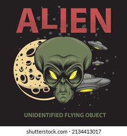 Face alien with moon and UFO. Vector illustration print for wear brand clothes t shirt sweatshirt. Cartoon design.