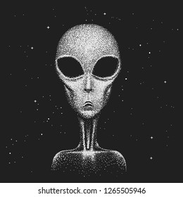 Face of alien in space. Created by dots. Vector image