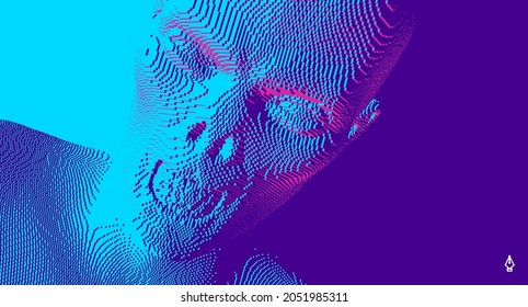 Face of alien or zombie. Abstract digital head constructing from cubes. Voxel art. 3D vector illustration.