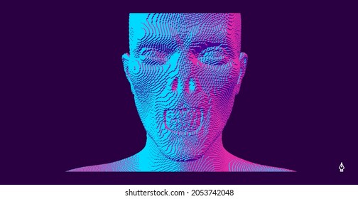 Face of alien or zombie. Abstract digital head constructing from cubes. Voxel art. 3D vector illustration.