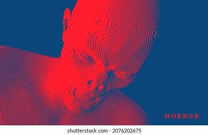 Face of alien or zombie. Abstract digital head constructing from cubes. Voxel art. 3D vector illustration.