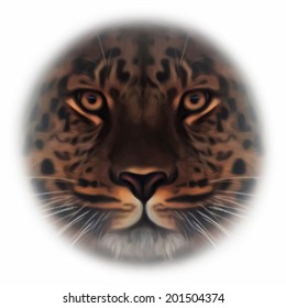 Face of an Amur leopard, looking in your eyes, the most beautiful animal and very dangerous beast. Amazing mask of the big cat, isolated on white background. Vector image in oil painting style.
