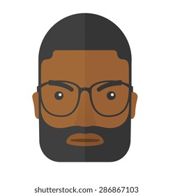 Una cara de un negro enfurecido con su barba y sus ojos muy locos. Un estilo contemporáneo. Ilustración de diseño plana vectorial fondo blanco aislado. Diseño cuadrado.