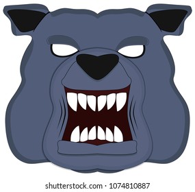 the face of an angry bulldog with white eyes