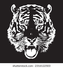 a face of angry tiger in black and white silhourttes 
