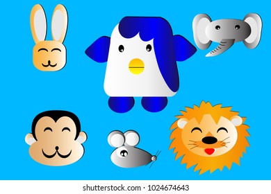 face animal cartoon vector art, rabbit, penguin, elephant, monkey, lion, rat , isolated with blue background, vector art and illustration. happiness and funny animal.