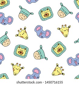 Face Animal seamless pattern in doodle style. Vector illustration. Pattern of African animals cartoon hand drawing. Design for fabrics, textiles, wallpaper for children rooms.