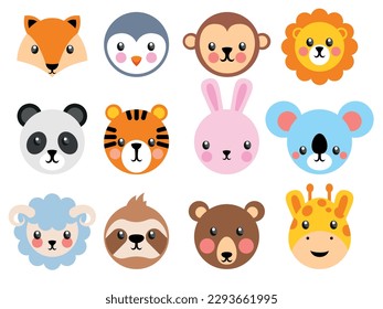 Face Animal Set in flat design style Vector illustration Pro Vector cartoon
