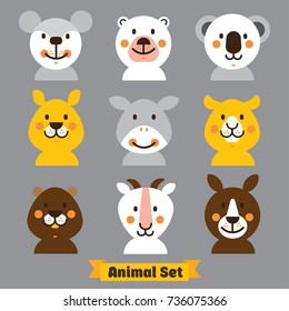 Face the Animals. Vector Animal Line Icon Set: mouse, polar bear, koala, kangaroo, donkey, camel, hamster, goat, dingo