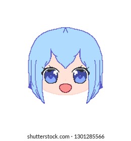 Face of anime girl with blue hair. Head for chat. Smile. Manga Kwaii Sticker on the phone.