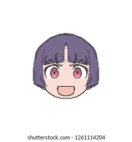 The face of an anime girl with purple hair. Pixel art. Coloring by squares. Manga Kawaii Chibi.