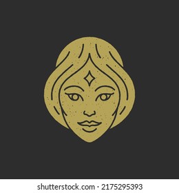 Face antique elegant woman with star on forehead decorative design grunge texture vector illustration. Beauty female romantic portrait avatar minimalist golden logo for beauty spa salon fashion studio