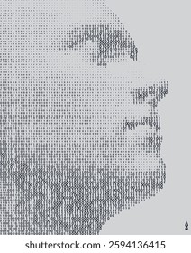 A face appearing through a cascaded binary code matrix. The concept of digitalisation and artificial intelligence. 3D vector illustration for brochure, poster, presentation, flyer or banner.