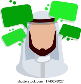 Face Arab men in white national dress. Avatar for social network. Middle Eastern guy with beard. Flat cartoon Cloud text bubble dialog. Conversation and Talk.