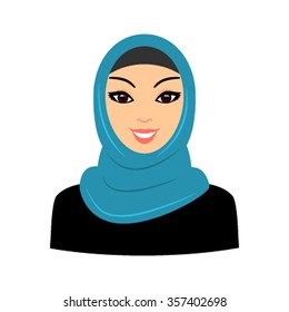 The face of the Arab Muslim woman in a headscarf. East woman a portrait of icon-style traditions. Vector illustration