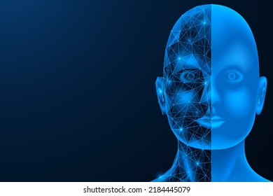 Face of artificial intelligence. A network of cyborg facial connections. Polygonal design of interconnected lines and points. Blue background.