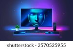 Face of artificial intelligence on computer screen. Gaming computer monitor with keyboard shows an AI face looking at gamer. Modern gaming pc on desk with neon lights. AI look at user from monitor.