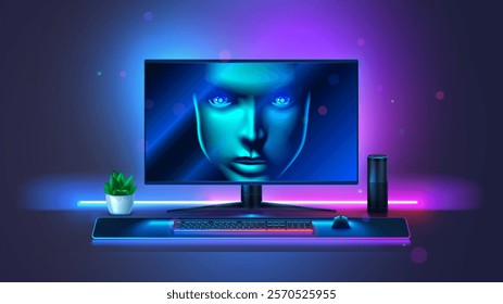 Face of artificial intelligence on computer screen. Gaming computer monitor with keyboard shows an AI face looking at gamer. Modern gaming pc on desk with neon lights. AI look at user from monitor.