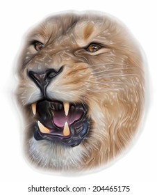 The face of an Asian lion, isolated on white background. King of beasts, the biggest cat, shows his huge fangs. The most dangerous predator with open chaps. Amazing vector image in plastic mask style.