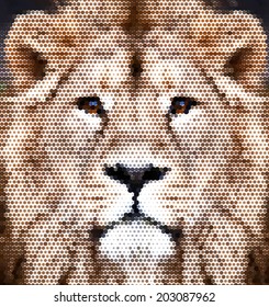 The face of an Asian lion. The King of beasts, biggest cat of the world, looking straight into the camera. The most dangerous and mighty predator of the world. Amazing vector image, made of big dots.