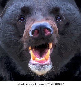 Face to face with an Asiatic black bear with open chaps. The Himalayan omnivorous beast, Ursus thibetanus. Endangered animal in wildlife. Colorful closeup portrait. Vector illustration.