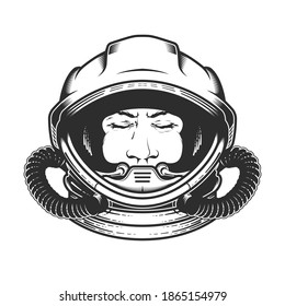Face of astronaut in space helmet, portrait of spaceman in spacesuit with closed eyes, dreaming cosmonaut, spaceship pilot, vector