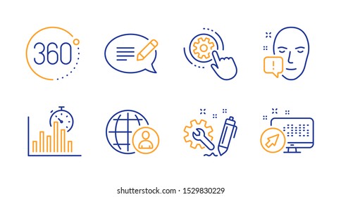 Face attention, Cogwheel settings and Engineering line icons set. Message, International recruitment and 360 degrees signs. Report timer, Web system symbols. Line face attention icon. Vector