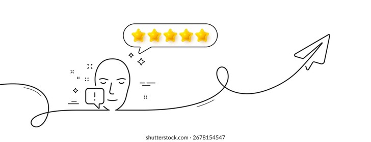 Icono de línea de atención facial. Línea continua con plano compartido. Signo de signo de exclamación. Símbolo de información de Identificación facial. Revisión de la tasa de cinco estrellas en la burbuja del discurso. Cinta de una sola línea de atención facial. Vector