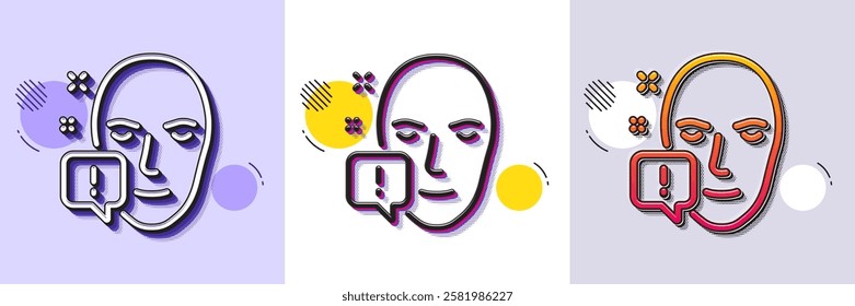 Face attention line icon. Halftone dotted pattern. Gradient icon with grain shadow. Exclamation mark sign. Facial identification info symbol. Line face attention icon. Various designs. Vector