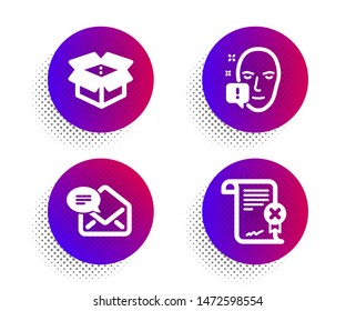Face attention, New mail and Open box icons simple set. Halftone dots button. Reject certificate sign. Exclamation mark, Received e-mail, Delivery package. Decline file. Business set. Vector
