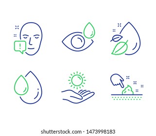 Face attention, Oil drop and Eye drops line icons set. Water drop, Sun protection and Skin moisture signs. Exclamation mark, Serum, Check vision. Serum oil. Medical set. Vector