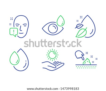 Face attention, Oil drop and Eye drops line icons set. Water drop, Sun protection and Skin moisture signs. Exclamation mark, Serum, Check vision. Serum oil. Medical set. Vector