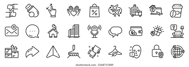 Face attention, Touchscreen gesture and Paint roller line icons pack. Share, Message, Paper plane icons. Winner cup, Takeaway coffee, Microphone web icon. Vector