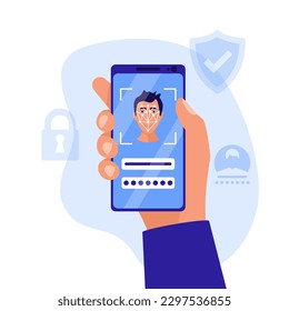 Face authentication. Facial recognition system. Smartphone hold in hand man. Biometric identification face. Scans person. Mobile app. Vector illustration flat design. Isolated on white background.