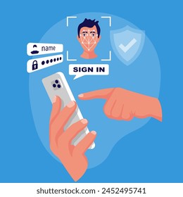 Gesichtserkennung. Gesichtserkennungssystem. Smartphone halten in der Hand Mann. Biometrisches Identifikation. Scannt die Person. Mobile App. Flaches Design der Vektorillustration. Isoliert auf weißem Hintergrund.