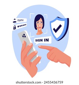 Autenticación facial. Sistema de reconocimiento facial. Smartphone sostener en mano mujer. Cara de Identificación biométrica. Escanea a una persona. App móvil. Diseño plano de Ilustración vectorial. Aislado sobre fondo blanco.