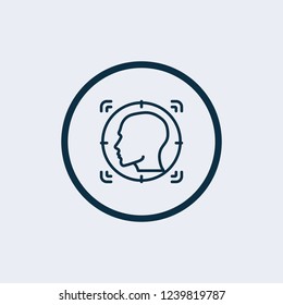 Face authentication outline icon. Facial biometric identity. Silhouette of male head in recognition camera. Technology of human verification in modern devices. Security innovation system.
