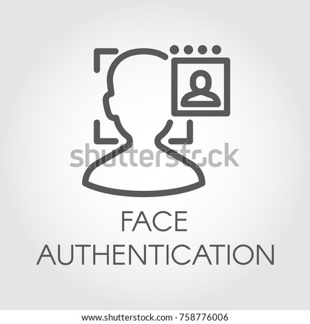 Face authentication outline icon. Facial biometric identity. Silhouette of male head in recognition camera. Technology of human verification in modern devices. Security innovation system. Vector